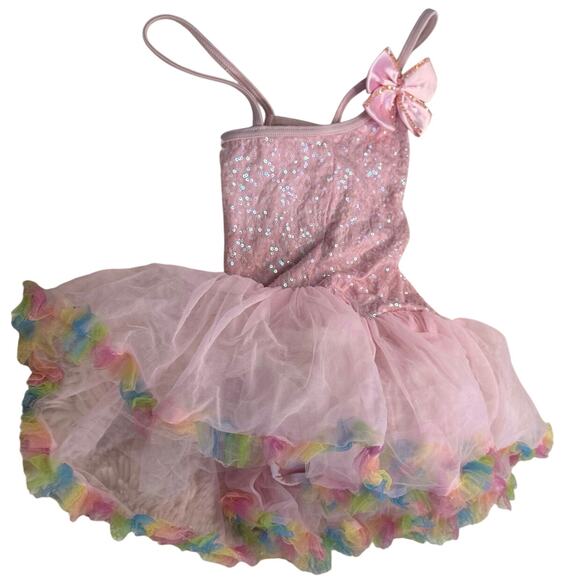 Little Stars Pink Sequin Ballet Dance Costume with Rainbow Tutu Size MC - Picture 1 of 7